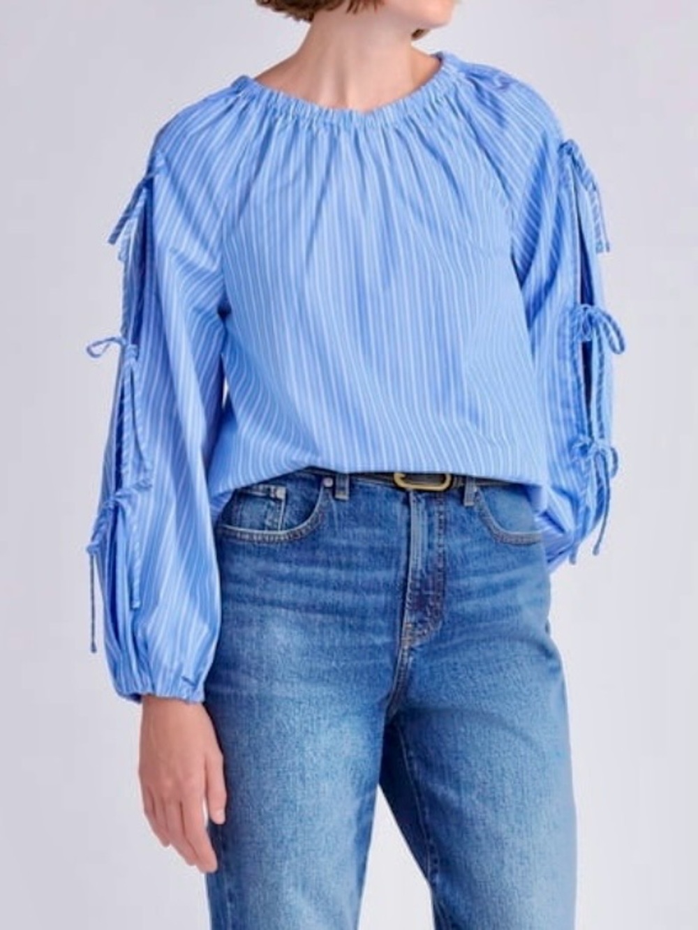 Free Assembly Blue Gathered Neck Cotton Top with Long Tie Sleeves Small NWT